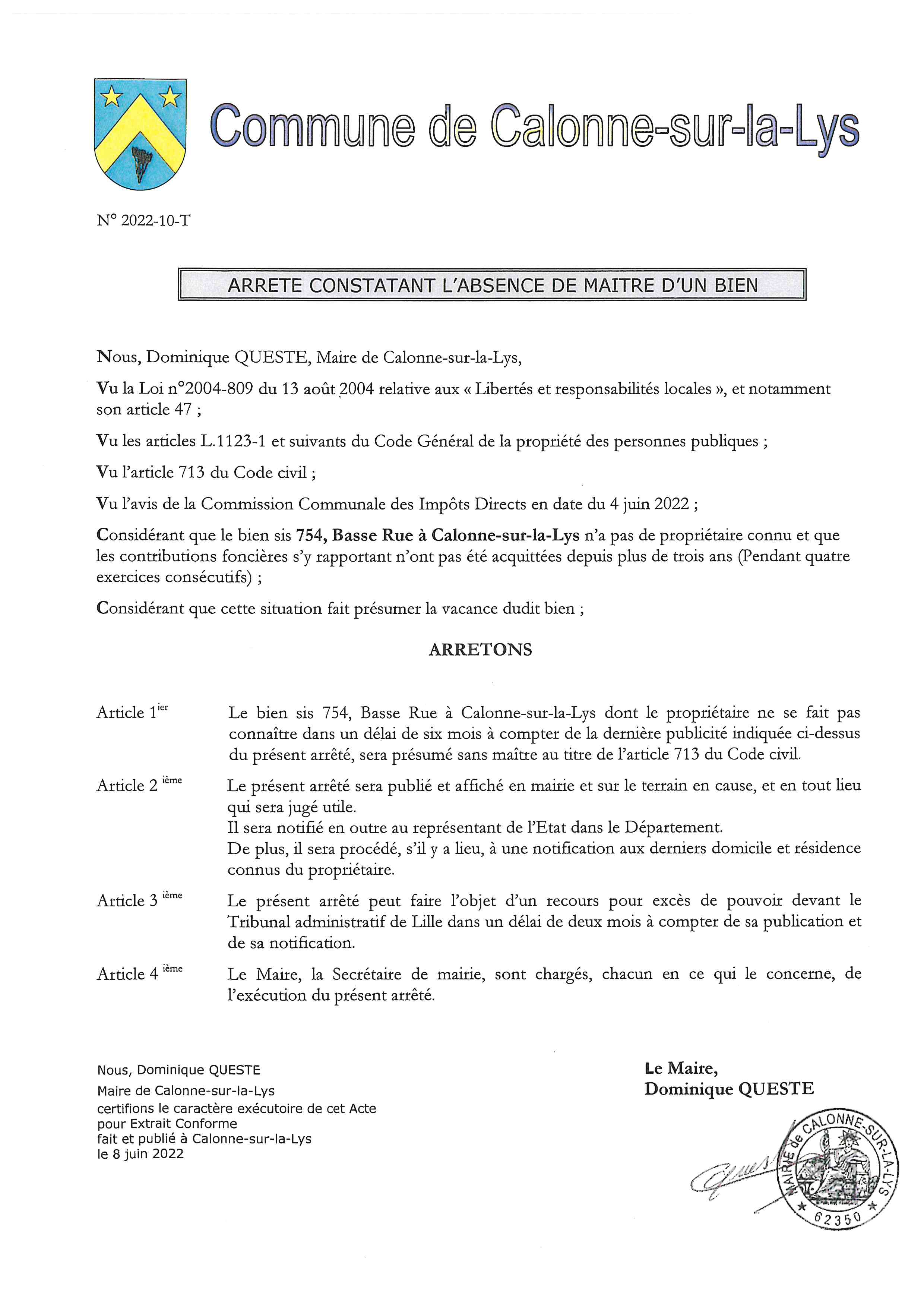 Arrêté constatant l'absence de maitre d'un bien